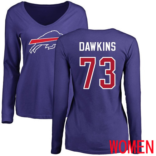NFL Women Buffalo Bills #73 Dion Dawkins Royal Blue Name and Number Logo Long Sleeve T Shirt